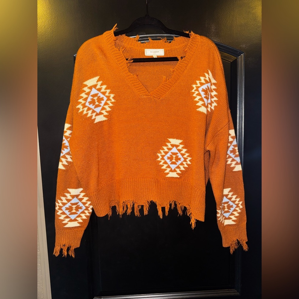 Impressions Burnt Orange V-Neck Sweater with Geometric Patterns
